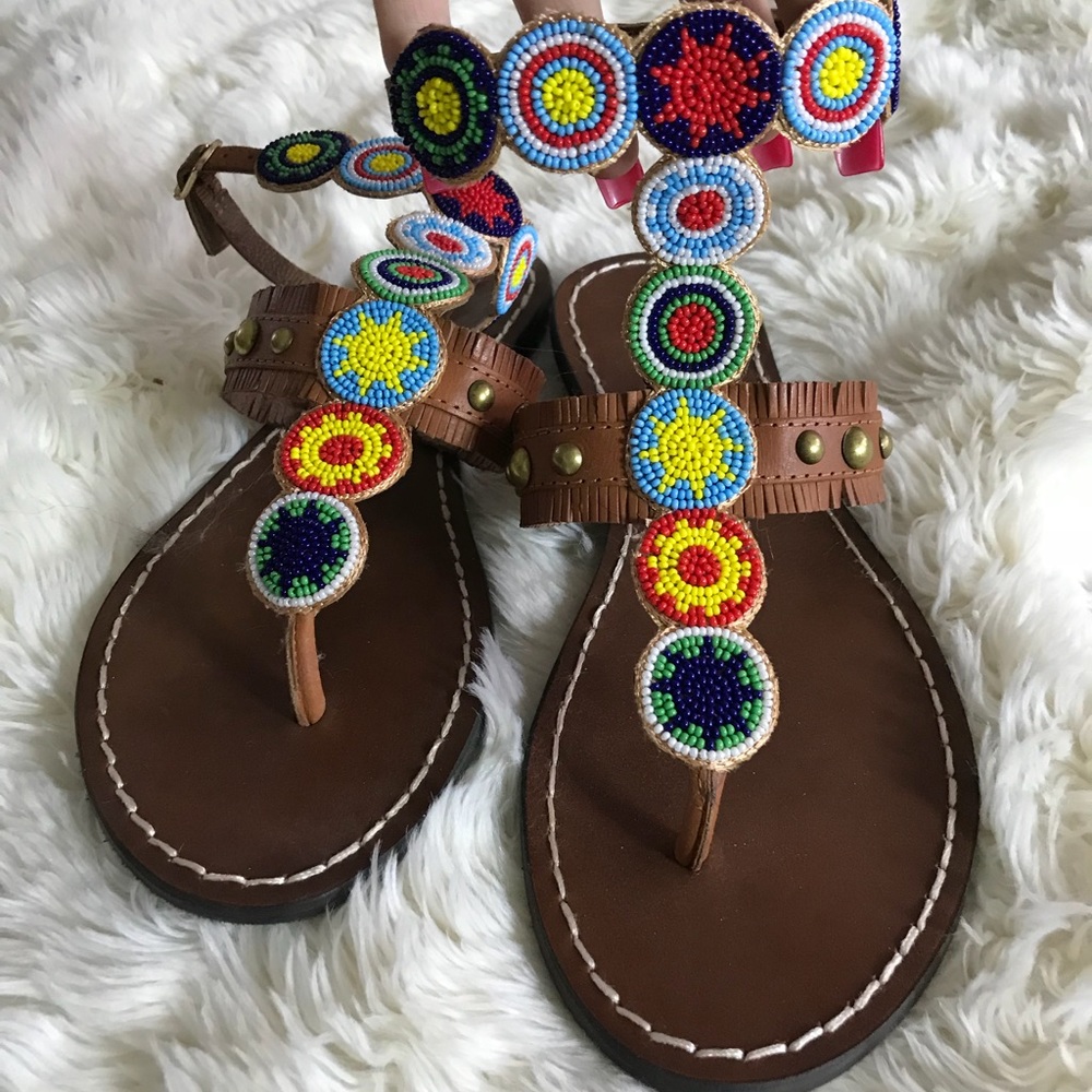MIA Brown Leather Multicolored Beaded Sandals 8.5
